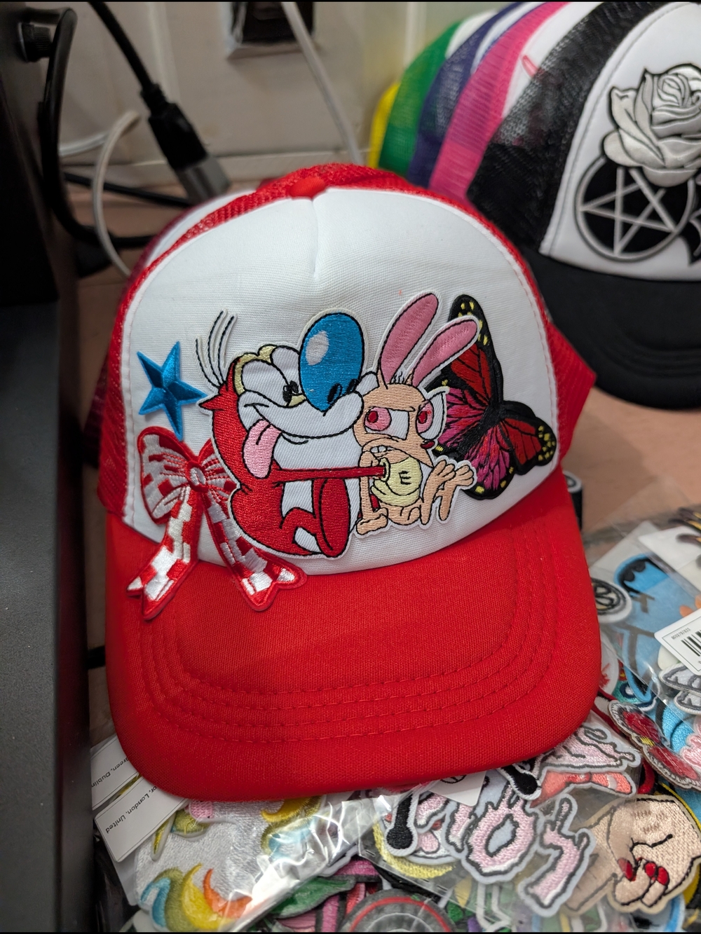 Red and White Cartoon Patch Trucker Hat